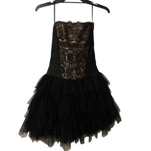 EUC Vintage Jessica McClintock Black Corset Strapless Lace & Tulle Dress Size 4